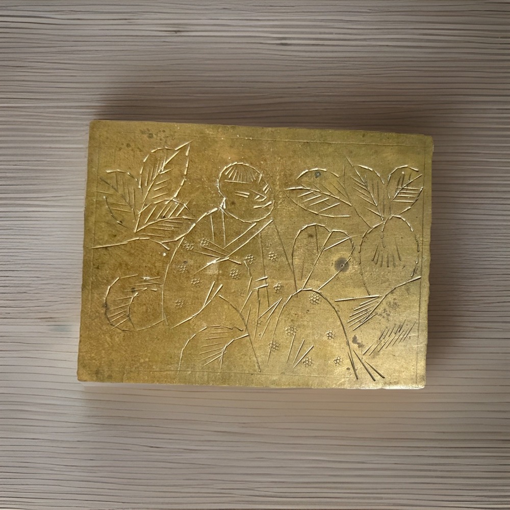 Brass Trinket Box Wood Lined in metal‎ decorative Chinese writing 3.25" x 2.5"